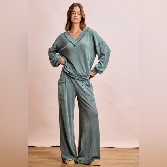 BiBi Pants - BiBi Two Tone Cord Rib Contrast Stitching V-Neck Top and Pants Set 10010018709